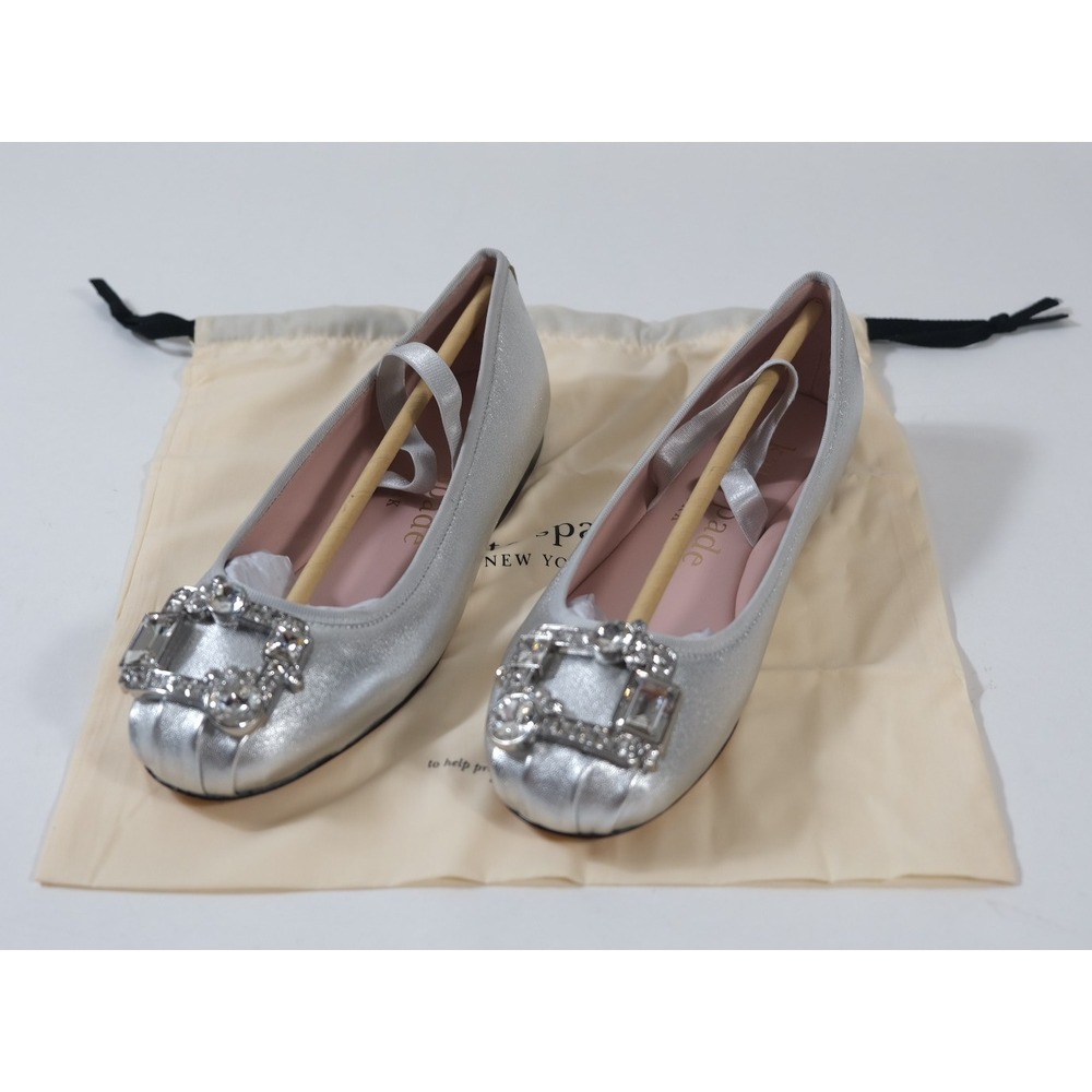 Kate Spade Ballet Flat Womens 8 Silver Renata Mary Jane Metallic‎ Crystal Buckle
